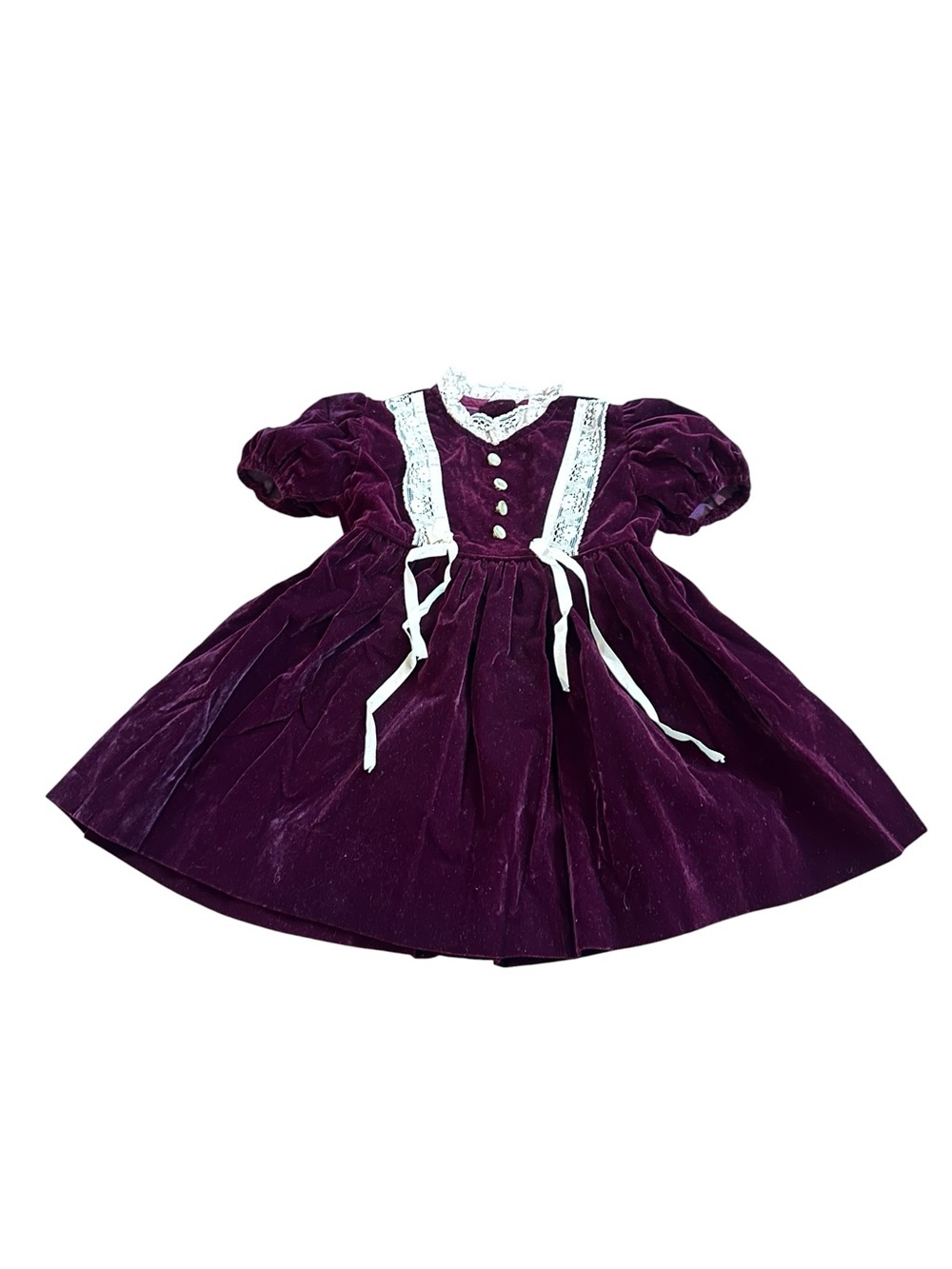 Vintage 80s Girls Burgundy Velvet & Lace Dress Puff Sleeve Ribbon Victorian 2T